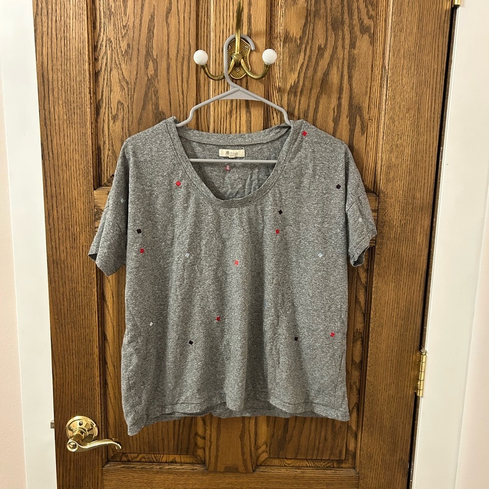 Madewell Gray Tee with Colorful Embroidered Accents Small